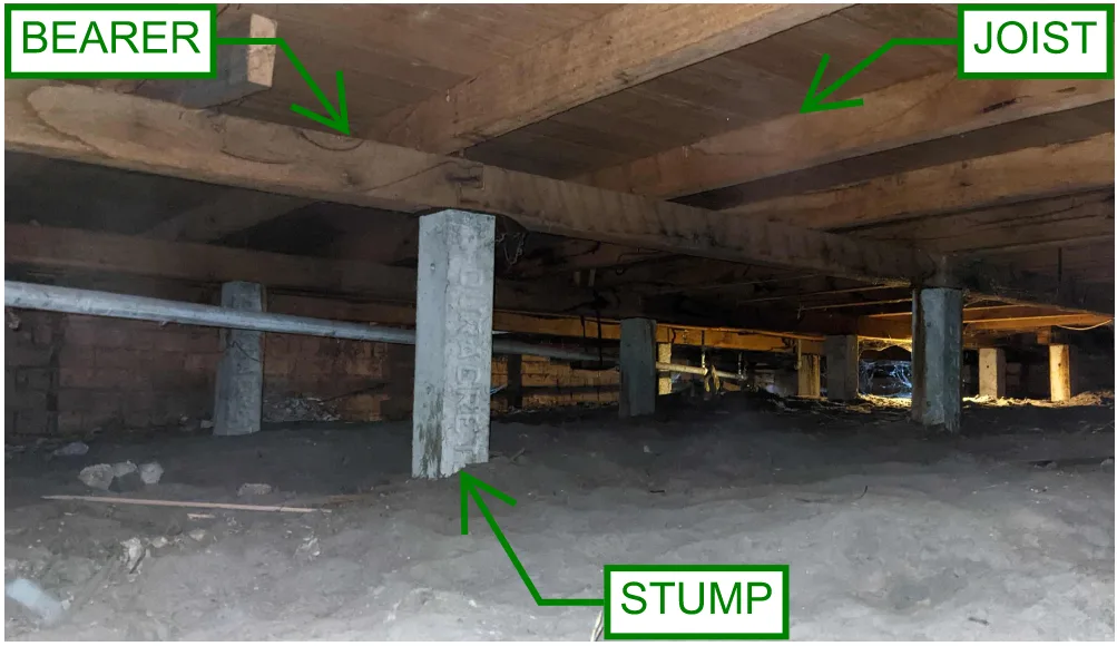 Example of a stump type foundation system for a house illustrating stump, joists and bearers.