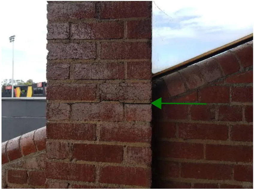 Example of a horizontal crack within a brick pier. it was found that this crack was caused by the brick pier bending or bowing. The top portion of the pier had been pushed outwards (into the direction of your computer, tablet or phone screen)