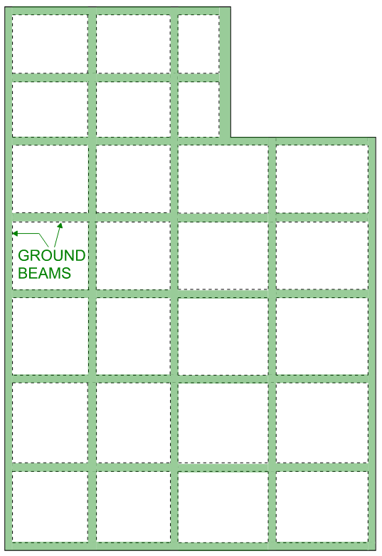 Example plan view of a stiffened raft slab foundation. Areas highlighted in green hatch indicate orientation of ground beams.