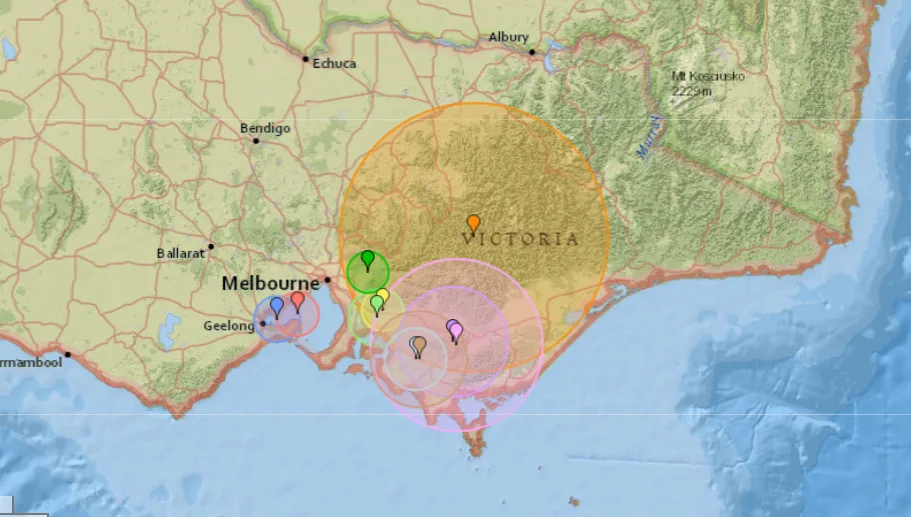 Image of earthquake past locations in Victoria