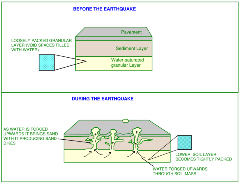Liquefaction caused by earthquake ground shaking can temporarily cause the soil to behave like a liquid.