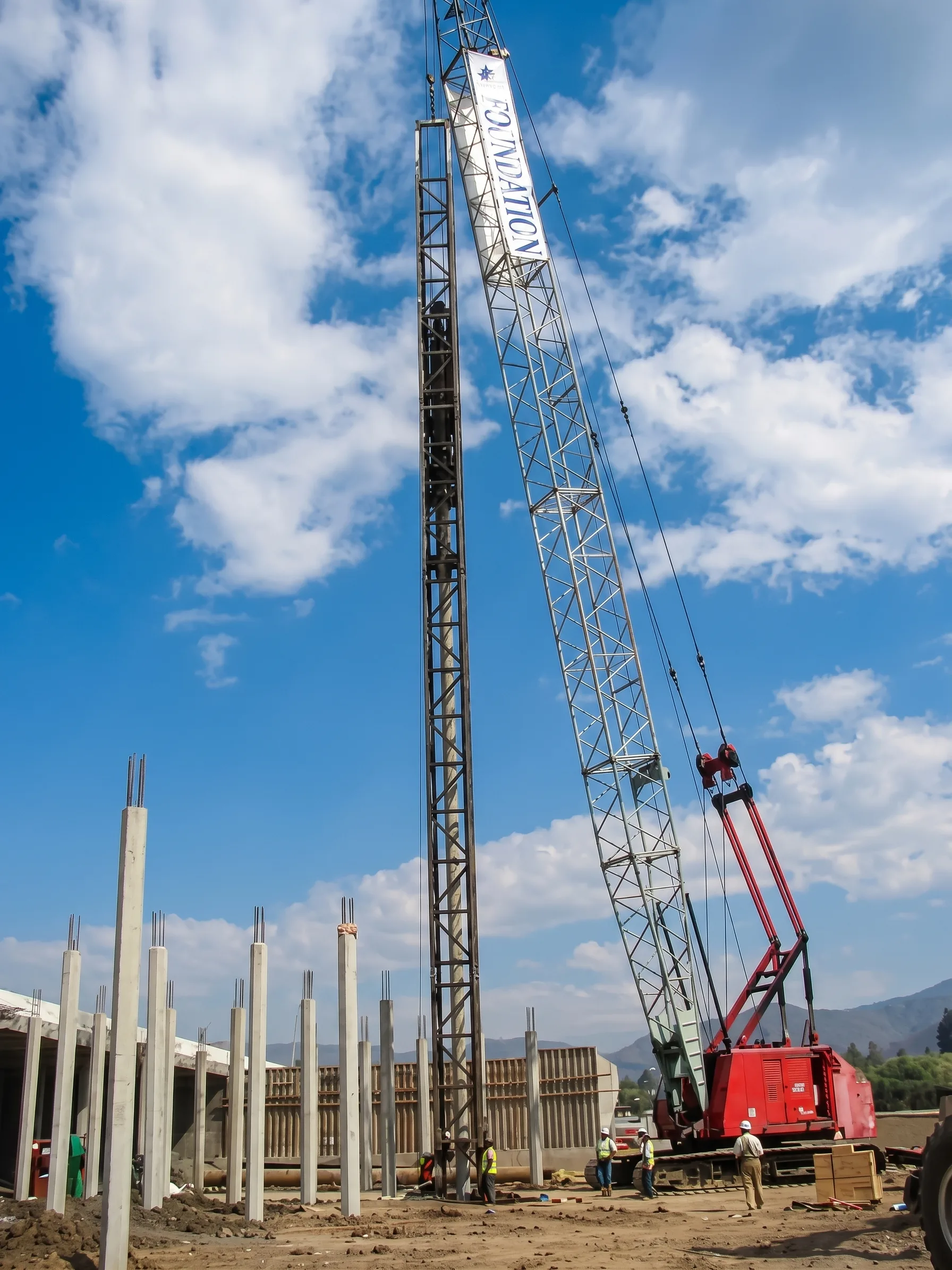 Precast concrete driven piles being installed on-site.