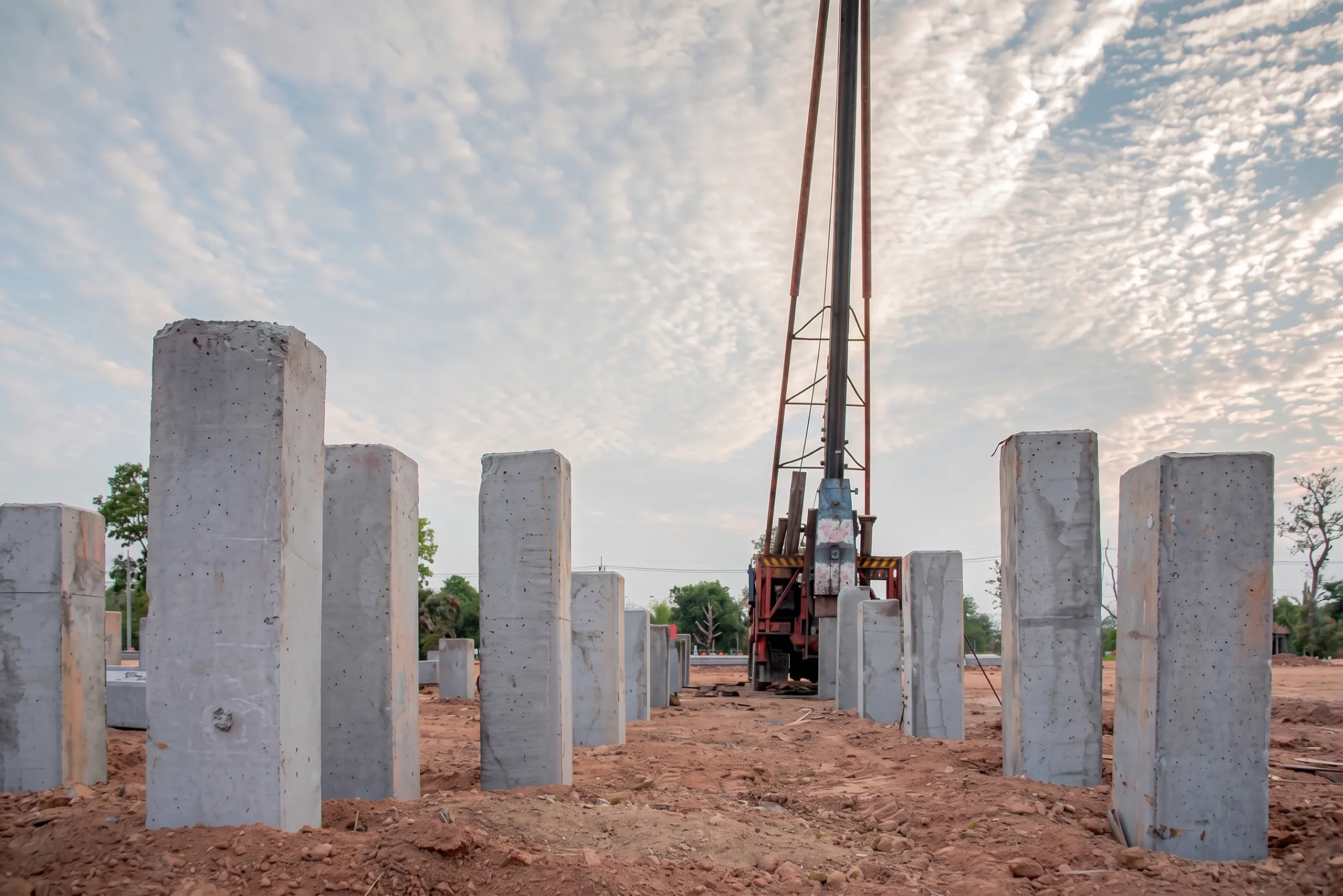 Driven piles being installed on site
