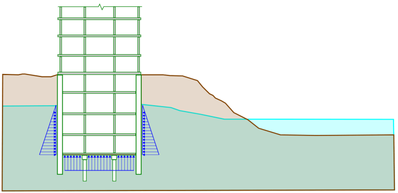 Multi-level basement structure constructed beneath the water table and close to the shoreline. The hydrostatic pressure from the groundwater is indicated on the basement walls and hydrostatic slab (the hydrostatic slab being the lowest basement level slab in this case).