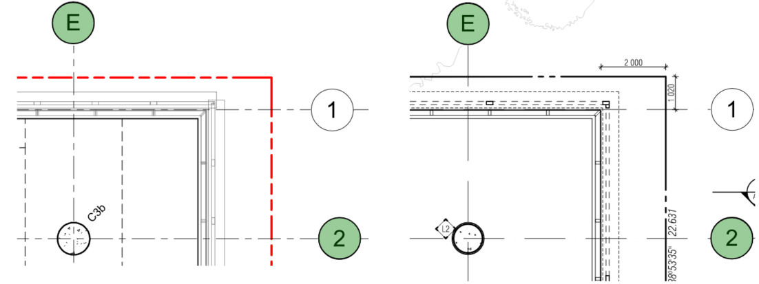 A grid reference of E2 on the Architectural drawings (left) is the exact same location within the building as grid reference E2 on the Structural drawings.