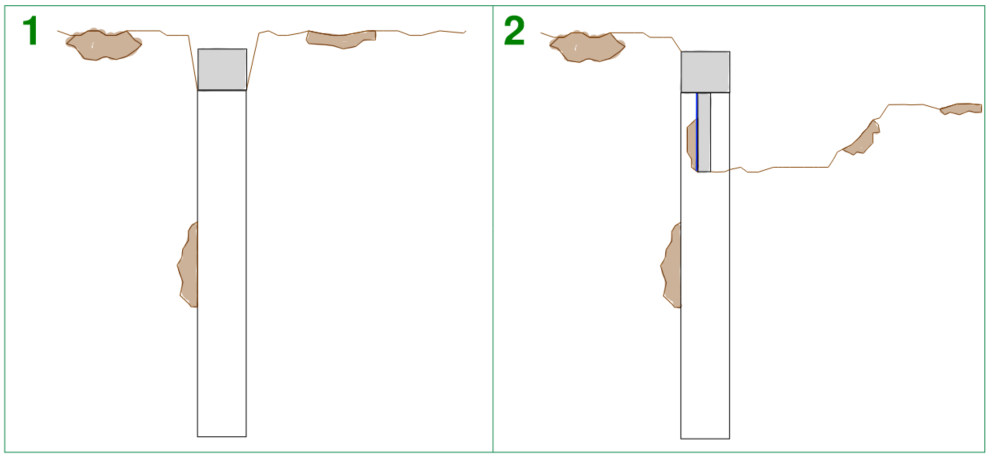 Construction sequencing of solider pile basement wall stages 1 and 2: Piles and capping beam are constructed then shotcete infill wall with strip drain is constructed in segments (cross section view).