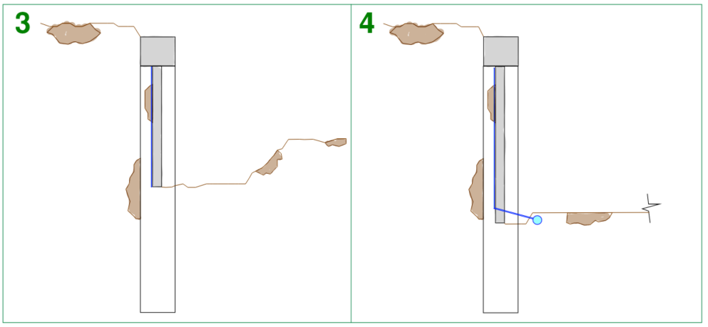 Construction sequencing of solider pile basement wall stages 3 and 4: Shotcrete infill panels segments continue then once the desired level is reached, the strip drain is connected to the Agi pipe (cross section view).
