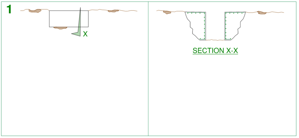 Construction sequencing of solider pile basement wall stage 1 construction of guide walls (elevation view) with corresponding cross section view (section x-x) indicating typical detailing for these walls.