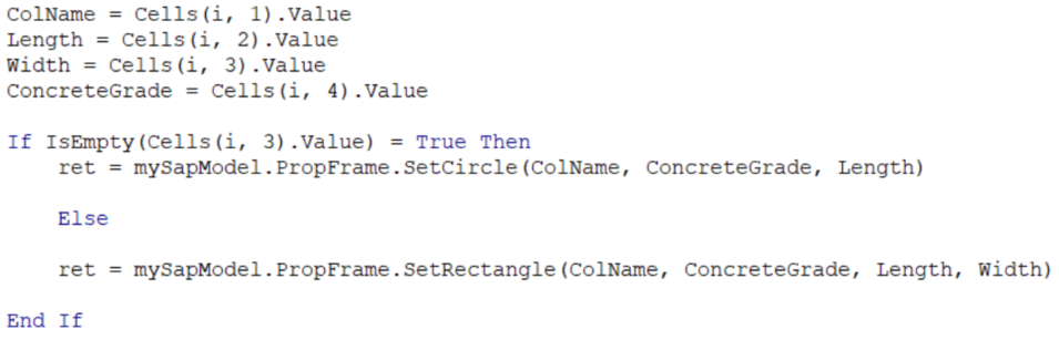 Our example code for automating the defining of frame sections in ETABS