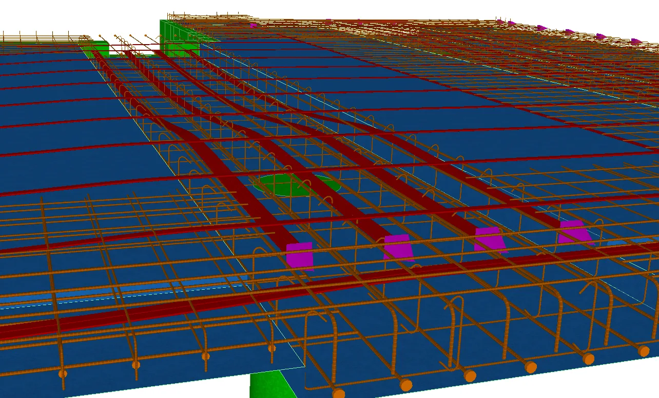 A 3D analysis model of a post tensioned concrete slab indicating PT ducts (in red) and conventional reinforcing bar (orange)