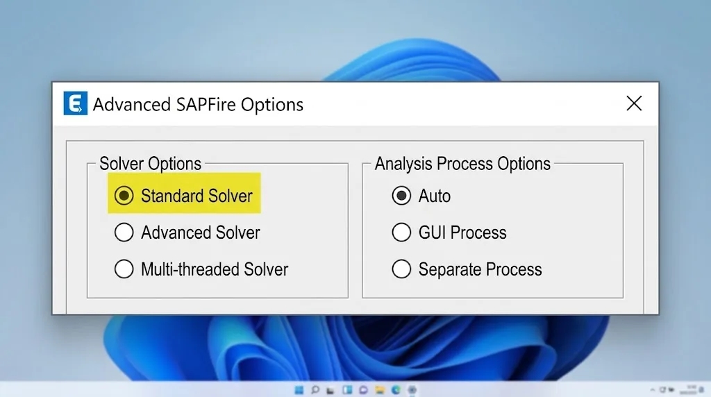 Advanced SAPFire Options dialog box in ETABS. The solver type you choose from determines how hard it will be to track down where your structure is unstable or ill-defined.