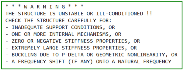 The dreaded error warning message from ETABS “structure is unstable or ill-conditioned”. This is from an example model, the error log can be found in the same location as the model file once the analysis is completed.