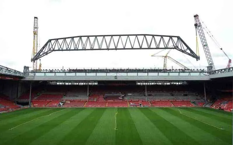 Anfield stadium redevelopment in the UK, one of the roof trusses being lifted into place (Home of the Liverpool FC)