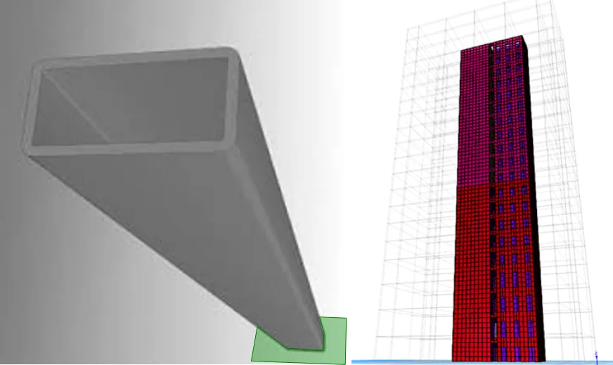 An analogy of a buildings core (lift/stair shaft, right) is a cantilevered rectangular hollow section (left)