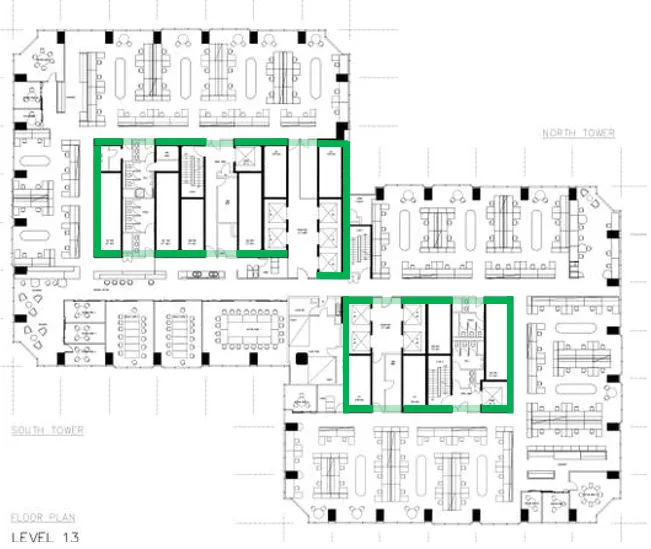 Floor plan of Rialto Towers which uses a core box as its main latearl stability element (highlighted in green)