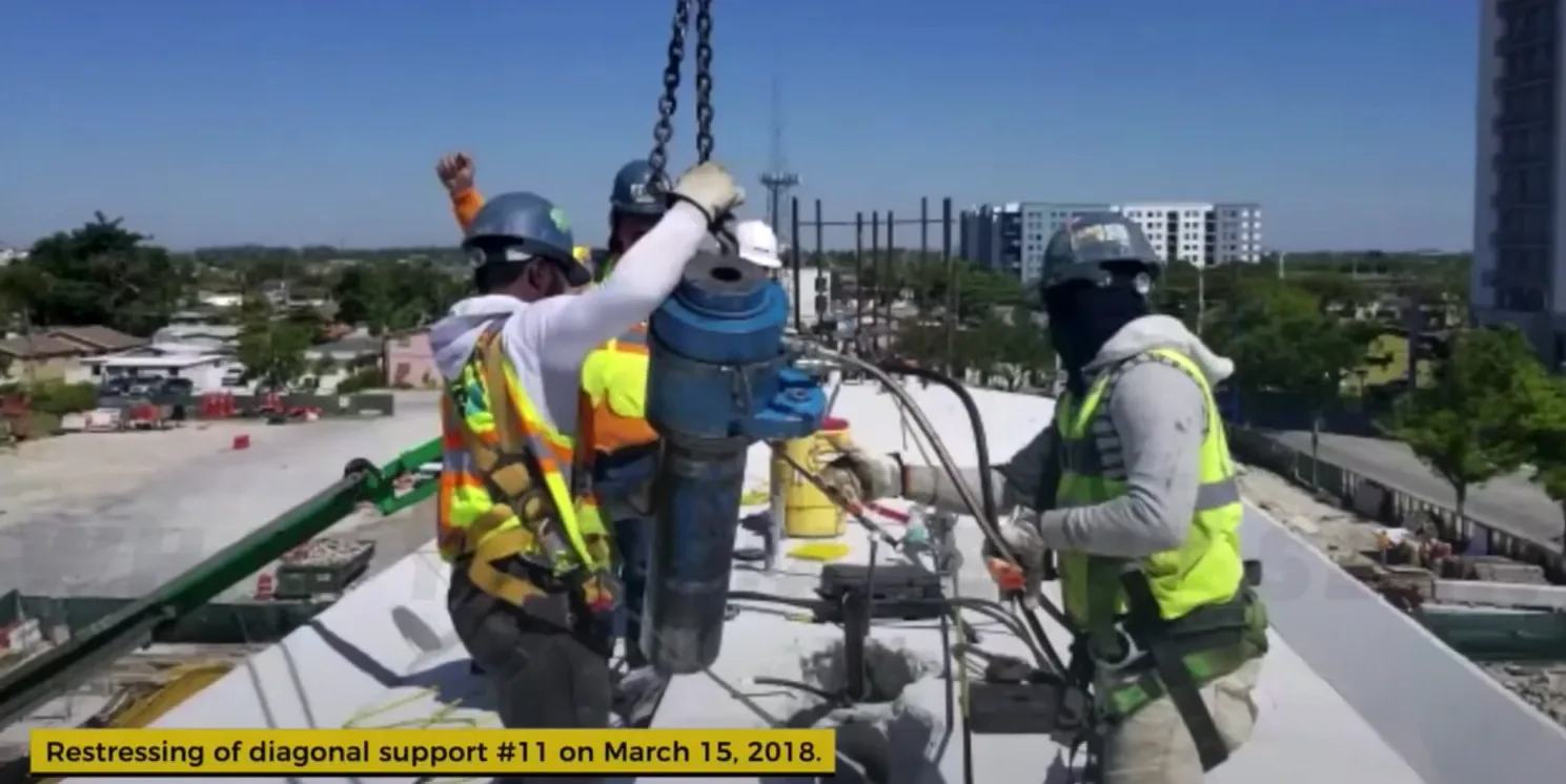 A team of construction workers were re-tensioning tension rods within one of the members in the FIU pedestrian bridge immediately before its collapse