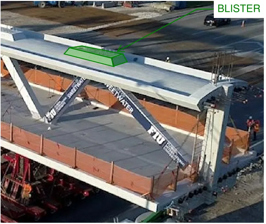 Additional concrete in the form of “blisters” was provided at each top node location where the diagonal members med the roof deck of the FIU truss bridge.