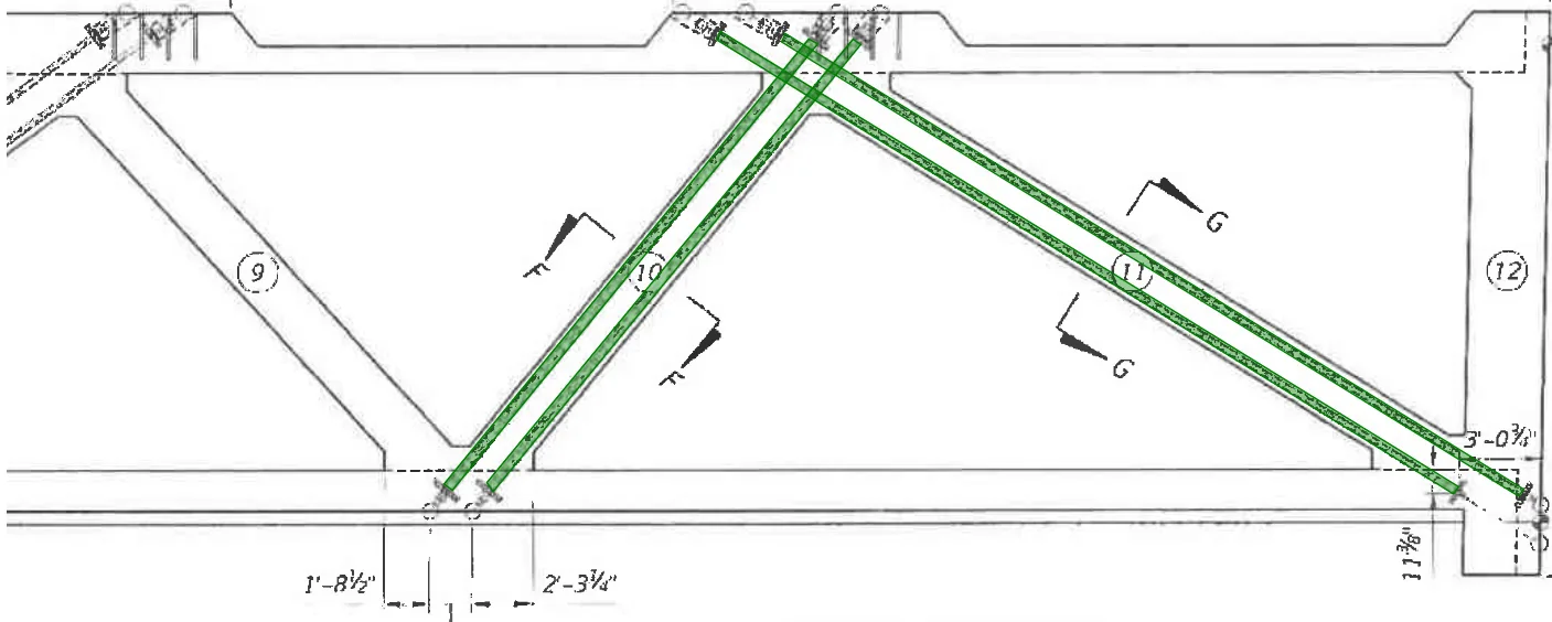Elevation view of post tension rod arrangement for diagonal members 11 and 10, not all diagonal members were provided with PT rods (notably member 9 illustrated here), the rods within member 11 were to be de-stressed once the truss was positioned at its final location.