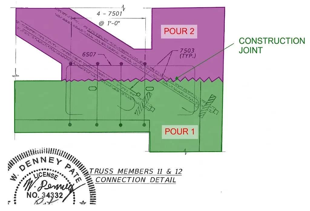 Elevation view of the northern support node of the main span truss of the FIU bridge indicating construction joint between the bottom deck and vertical/diagonal members.