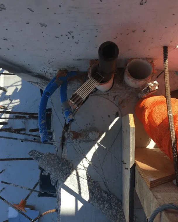 Image taken from vertical view of the truss bottom deck three days after the PT rods in member 11 were de-stressed (opposing side of vertical member compared to previous image)