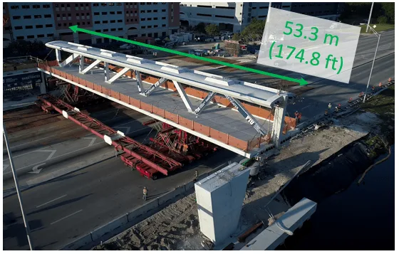 Temporary construction view of the FIU main truss span, span length indicated.