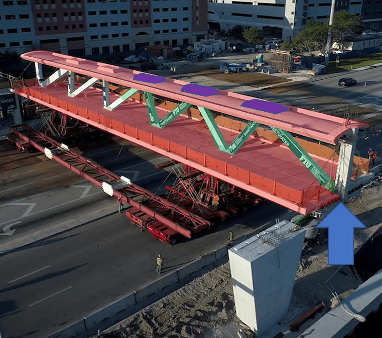Overall colour coded view of the FIU pedestrian bridge dividing each concrete component in groups (top/bottom deck, diagonals and blisters)