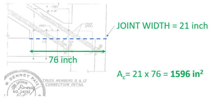 Elevation view of the member 11 base node, contact area of construction joint indicated.