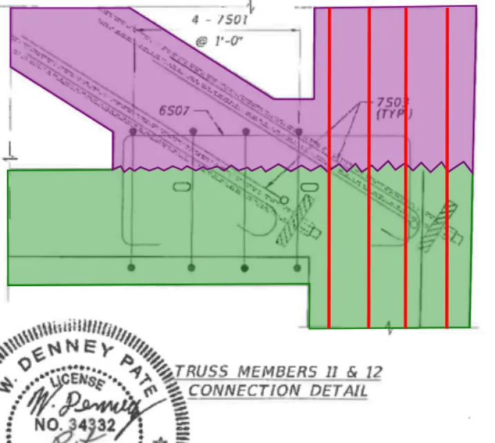 Elevation view of the support node on the FIU bridge, construction joint indicated as well as effective reinforcing bar passing through the joint