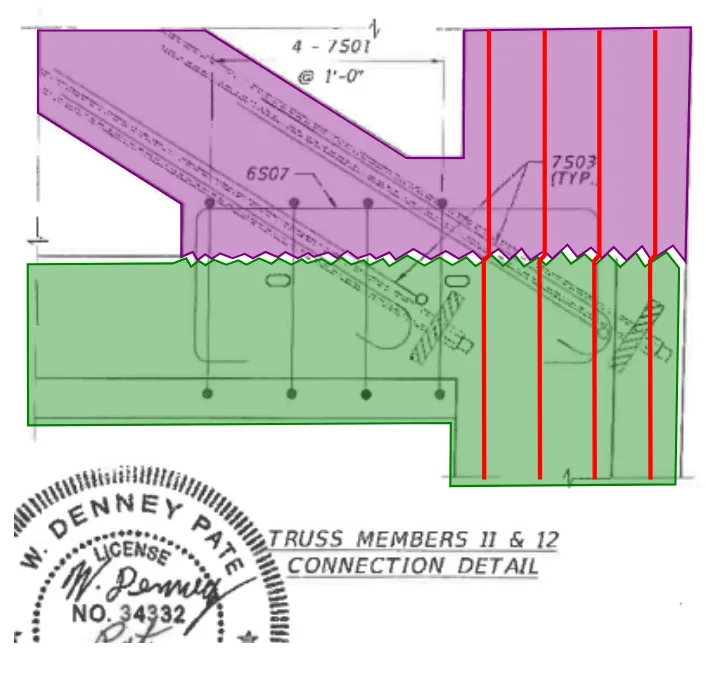 Elevation view of the support node on the FIU bridge after PT rods are de-stressed, slippage of the joint likely occurred causing the concrete-on-concrete interface to fail as well as yielding or failure of the reinforcing bars.