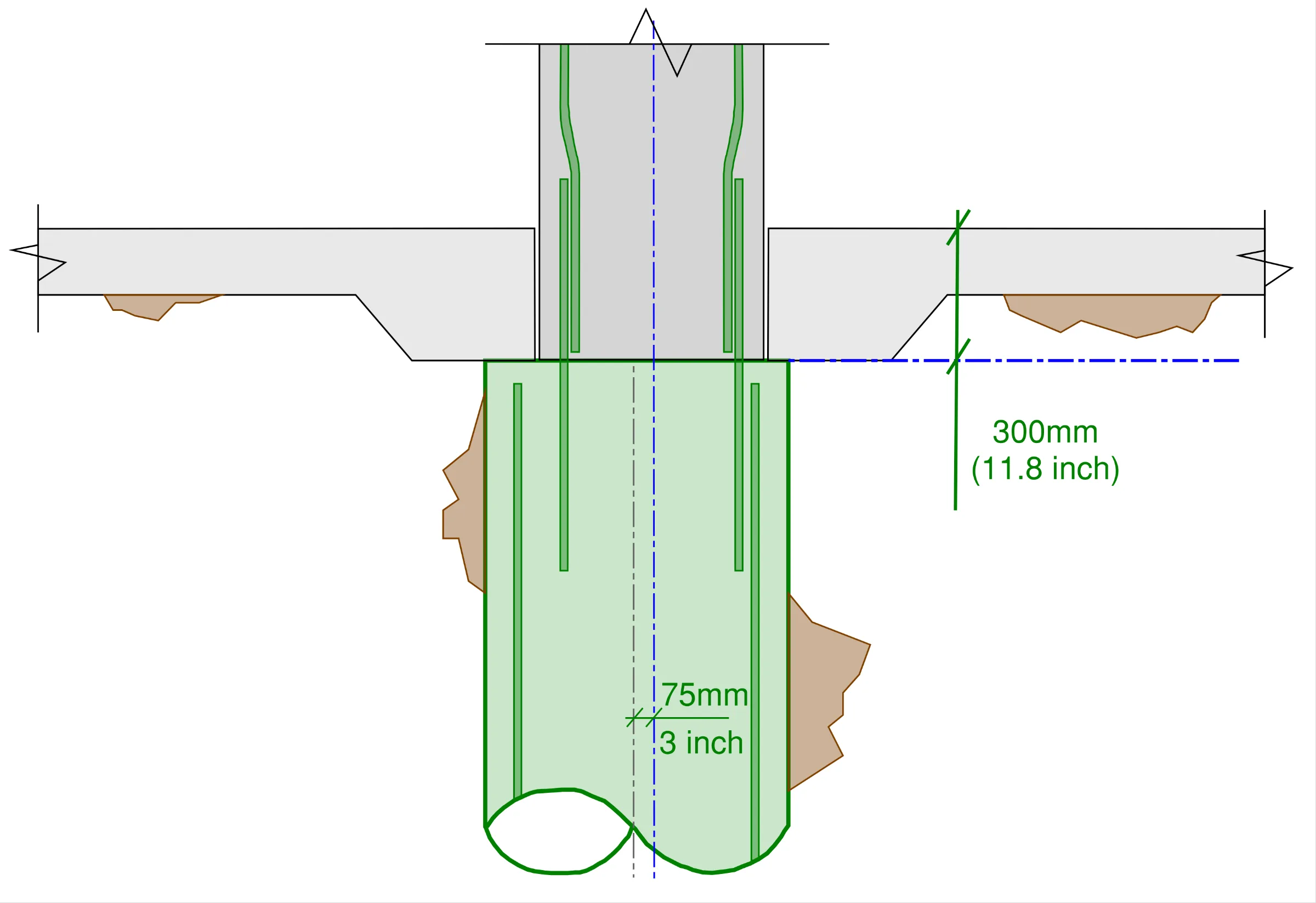 Full detailing for single pile supporting column with no pile cap. Larger pile diameter and lower pile cut off level caters for both height and position tolerance for the piles construction.