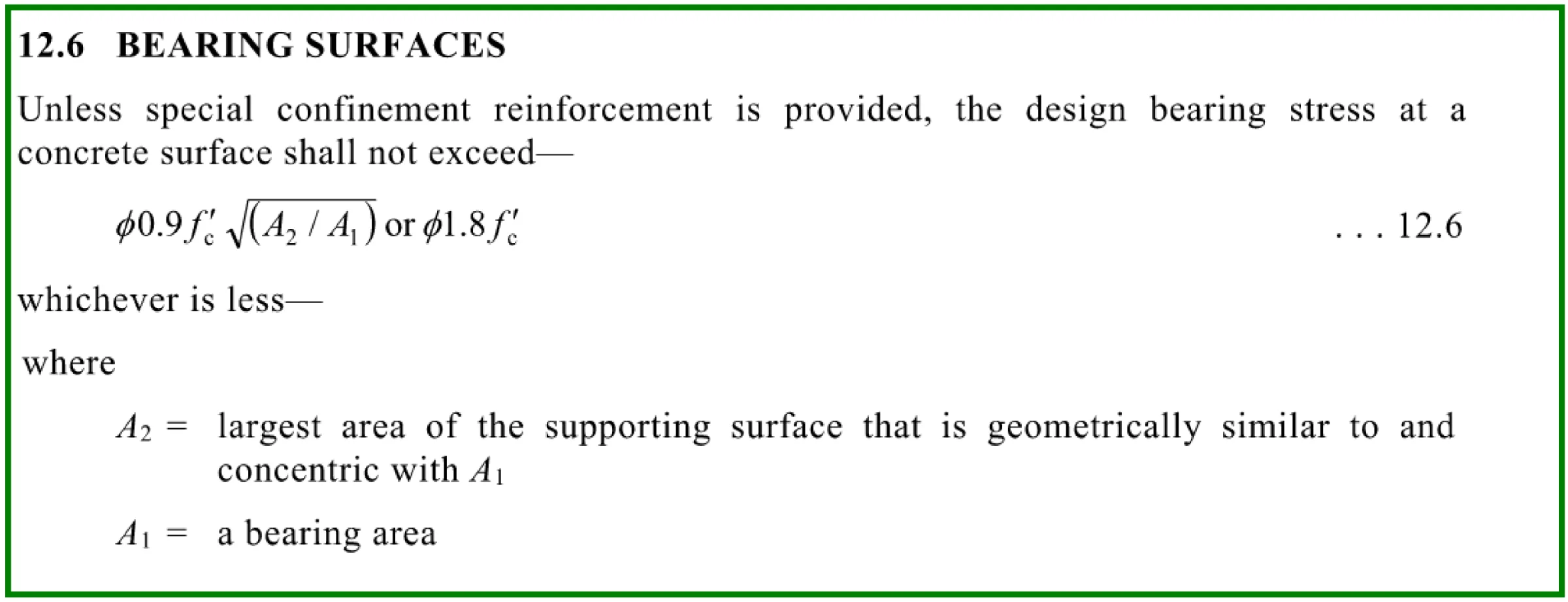 Australian concrete code AS3600 unconfined bearing check clause 12.6