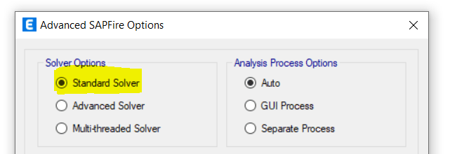 Advanced SAPFire Options dialog box in ETABS. To check your ETABS model is correct you should always adopt the standard solver the first time you run it to obtain the full instability errors it produces.