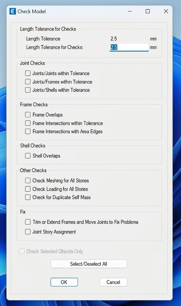 Check model dialog box within ETABS
