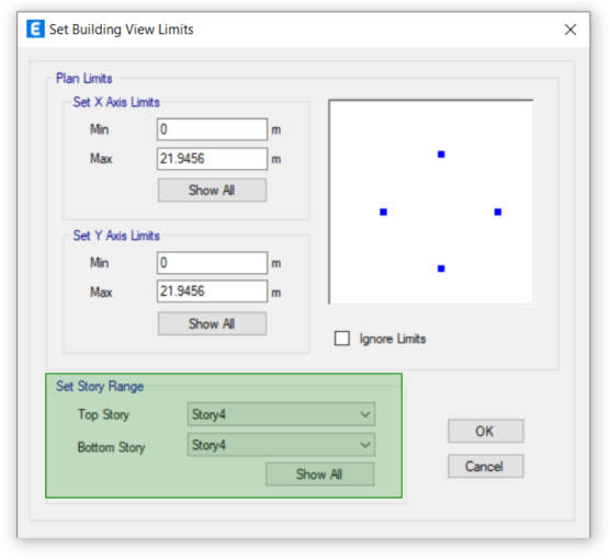To isolate a single floor in your ETABS 3D view, simply set building view limits to be restricted to that floor only (highlighted green in this example)