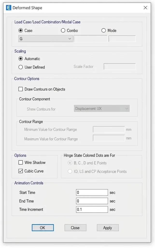 Deformed shape dialog box within ETABS where you can chose the deflected shape you wish to view.