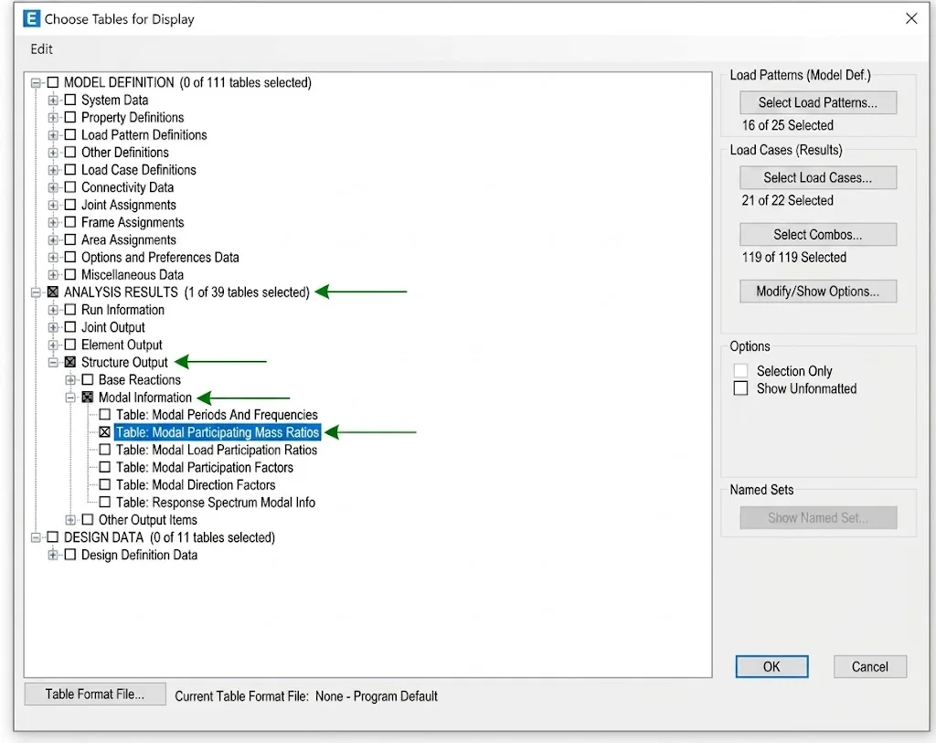 Display table dialog box within ETABS which allows you to select modal participating mass ratio table