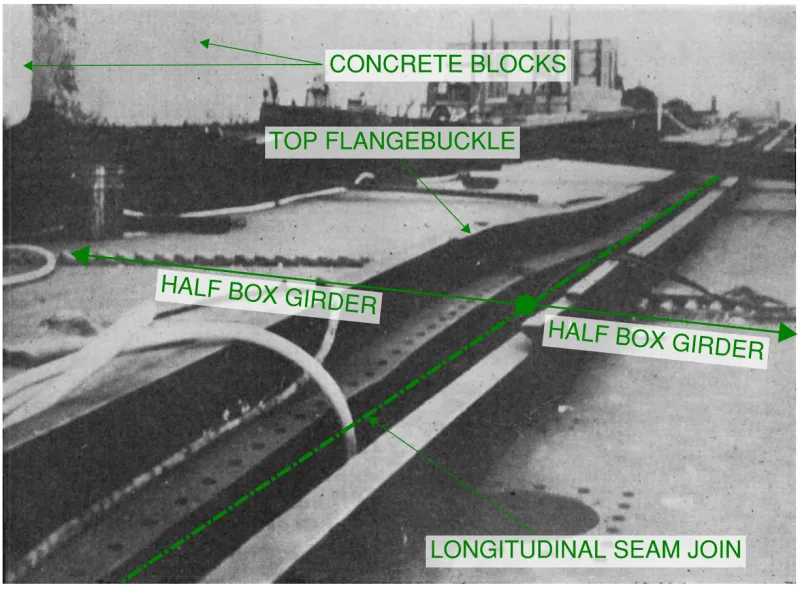 Image taken during construction above span 10-11 on the West Gate Bridge. Half span segment exhibited significant buckling in the top flange after it was loaded with concrete blocks (concrete blocks were intended to push the span downwards so that both halves would line up).
