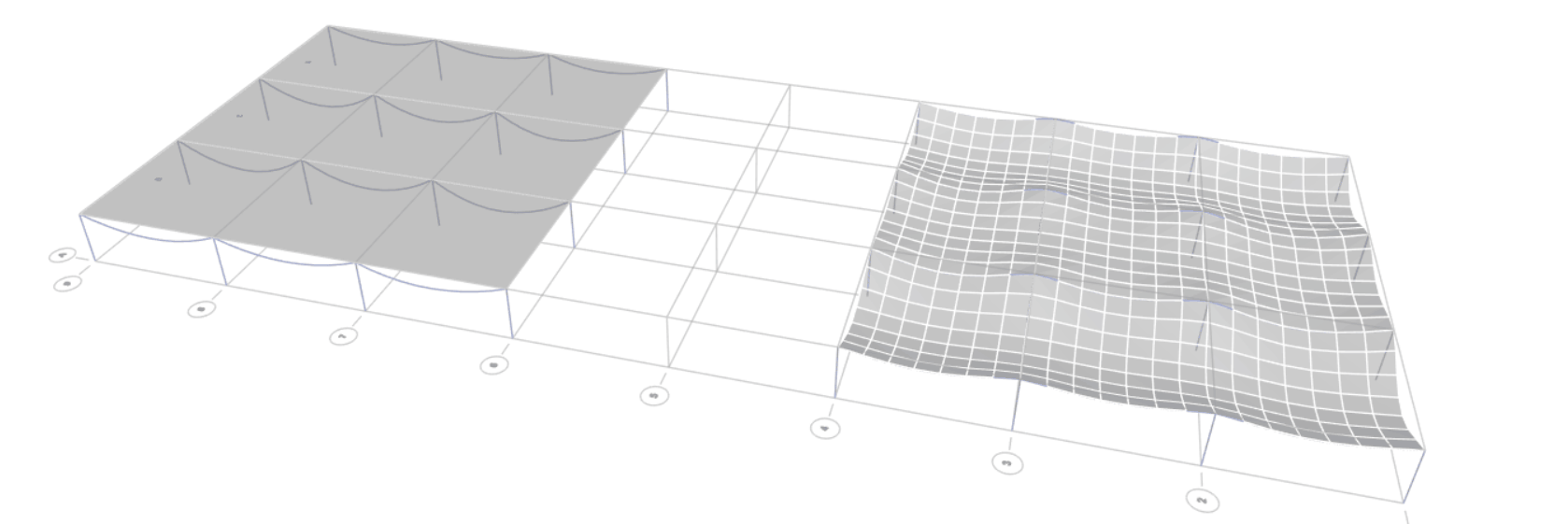 Side by side deflected shape animation for a shell vs membrane slab (shell on the right). In this occasion, support beams have been added in the left-right direction.