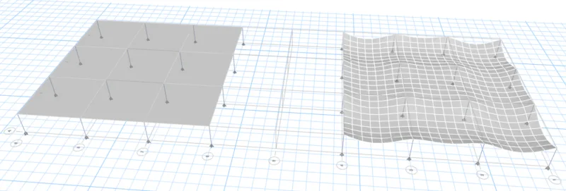 Side by side comparison of deflected shape between a shell vs membrane (shell on the right). Notice that the membrane doesn’t give a deflected shape, this is because its theoretical deflections infinite considering it has zero out of plane bending stiffness. Instead, ETABS uses tributary area algorithms to distribute the load to the support columns.