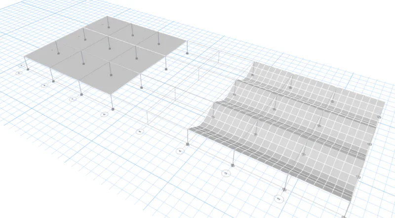 Deflected shape comparison of a membrane (left) and shell (right) slab. On this occasion the shell slab has had its bending stiffness in the left-right direction significantly reduced in order to force a one-way spanning behaviour to better compare with the membrane slab.