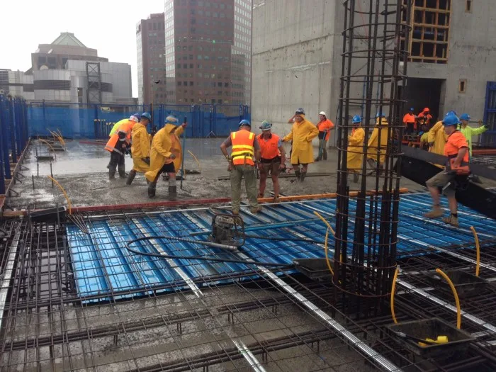 Unforeseen weather events can cause a construction joint in slabs to be introduced at short notice such as this example here on a post-tensioned slab pour.