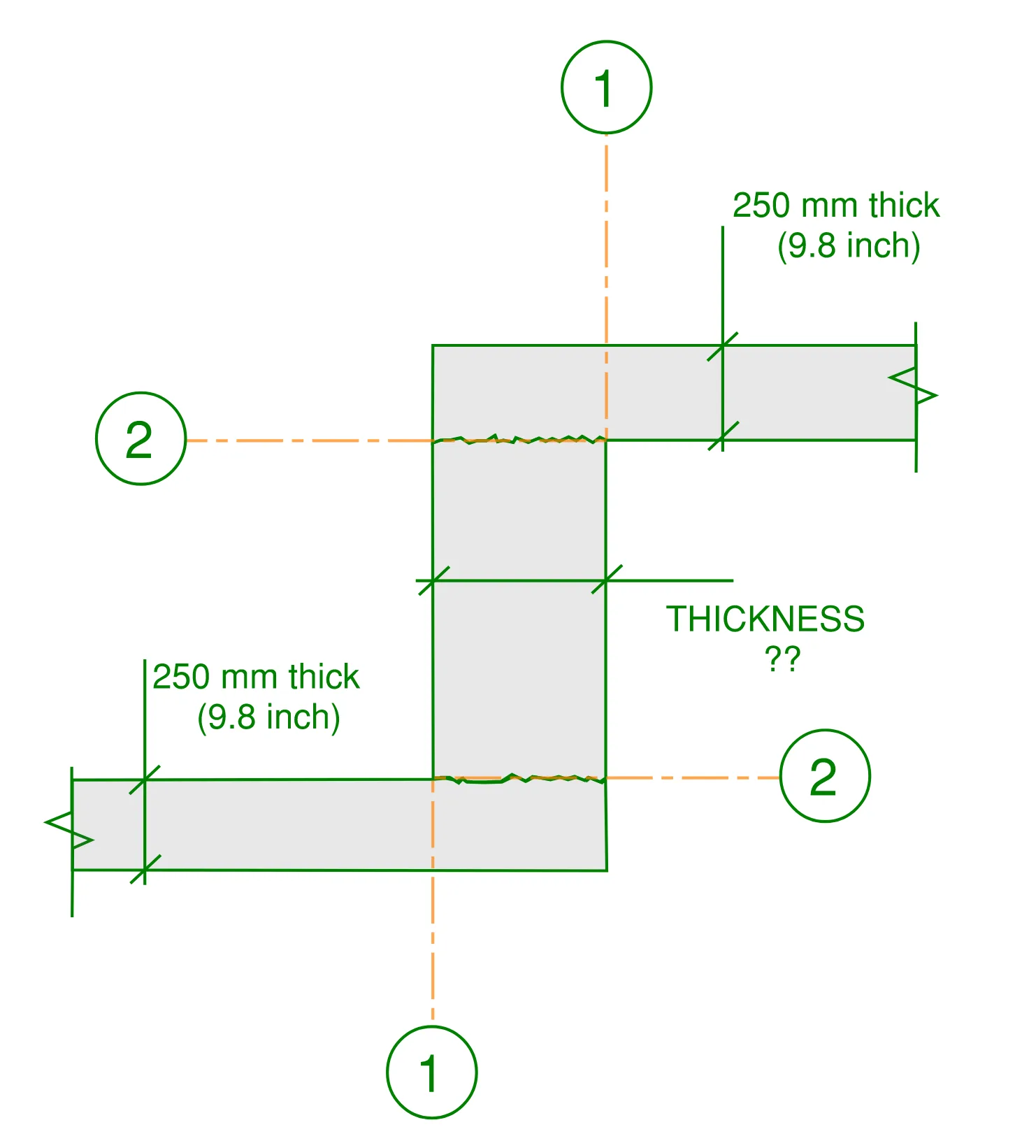 Construction joints in a slab with a step. Critical bending moment planes indicated as grid lines 1 and 2 which are required to be checked in order to verify the construction joint arrangement in the slab.