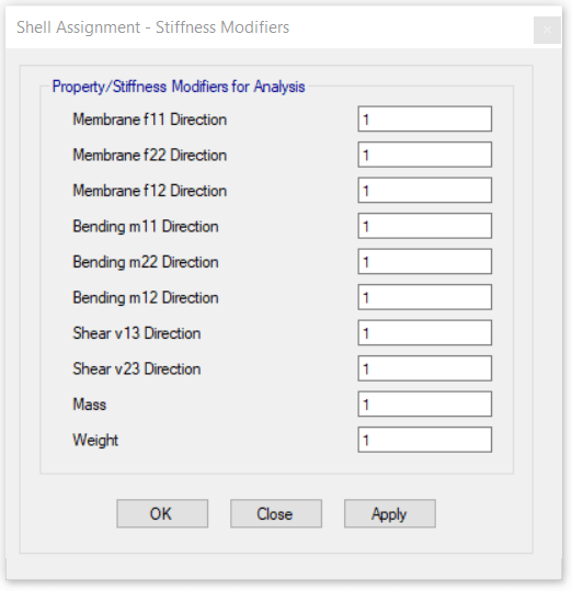 Stiffness modifier dialog box within the ETABS software. This is used to model cracked behaviour of shear walls in your ETABS model.