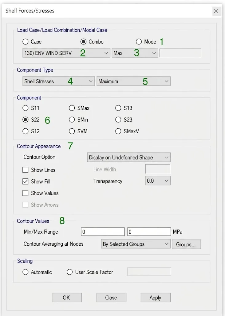 Dialog box for viewing shell forces or stresses on elevation view within ETABS.