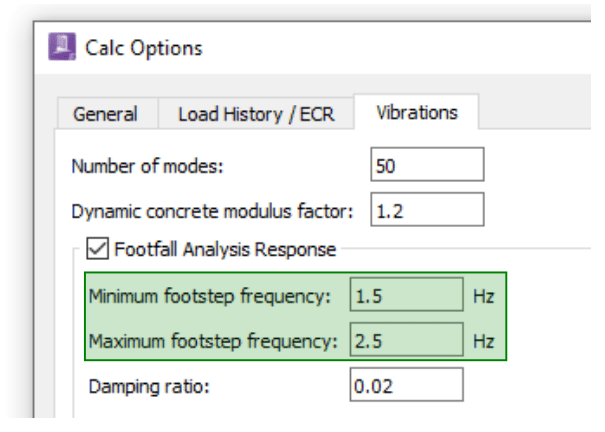 Specification of maximum/minimum footstep frequencies in vibration analysis of slabs using RAM Concept