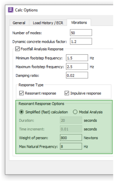 Specification of resonant response options in vibration analysis of slabs using RAM Concept