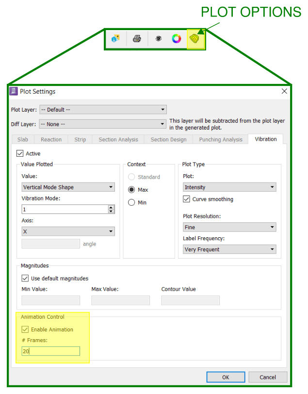 Options for enabling and setting up animations of mode shapes in RAM Concept