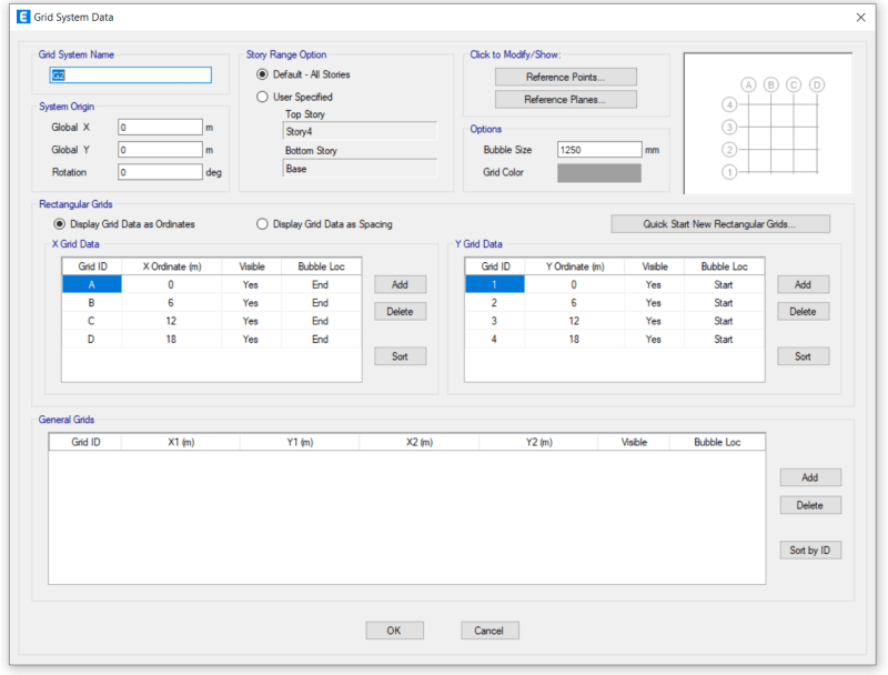 The modify/show grid system dialog box, this is the most common way of how to set up grids in ETABS