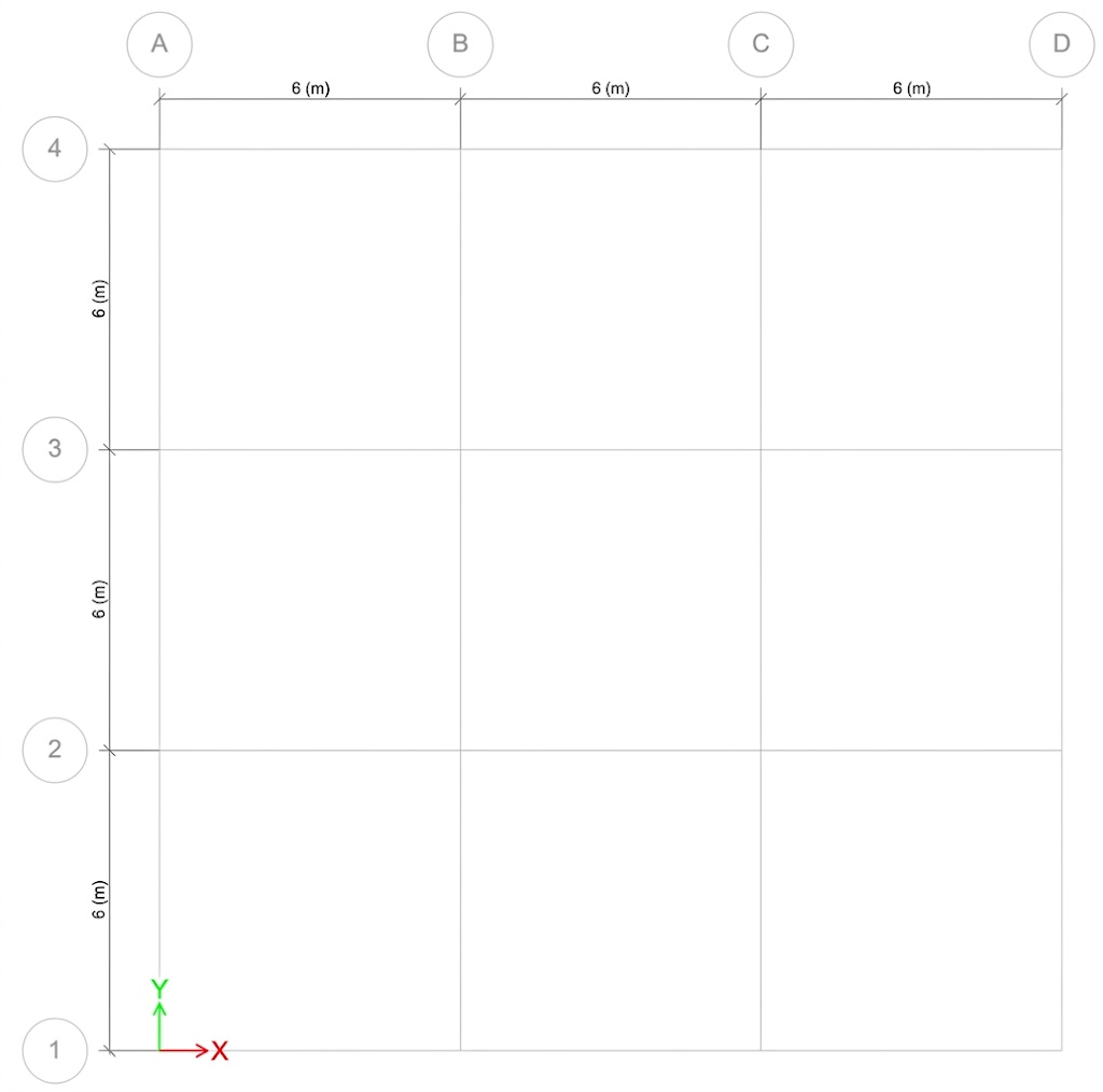 Example snapshot of grids set up in ETABS viewed using “plan view”