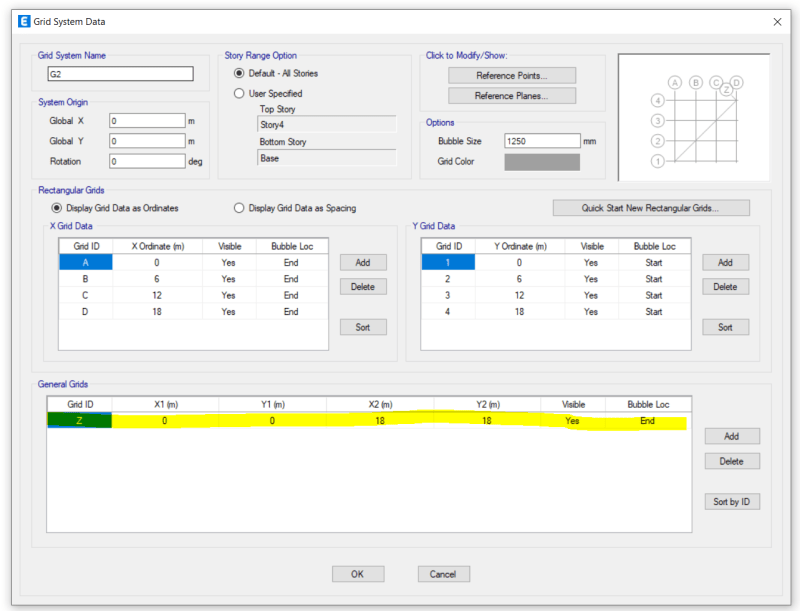 Dialog box for modify/show grids in ETABS. The simplest way to set up inclined grids in ETABS is to use the “General Grids” box as highlighted here.